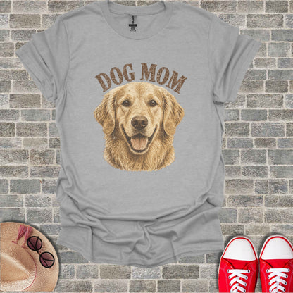 Grey t-shirt with text "DOG MOM" and a golden retriever graphic.