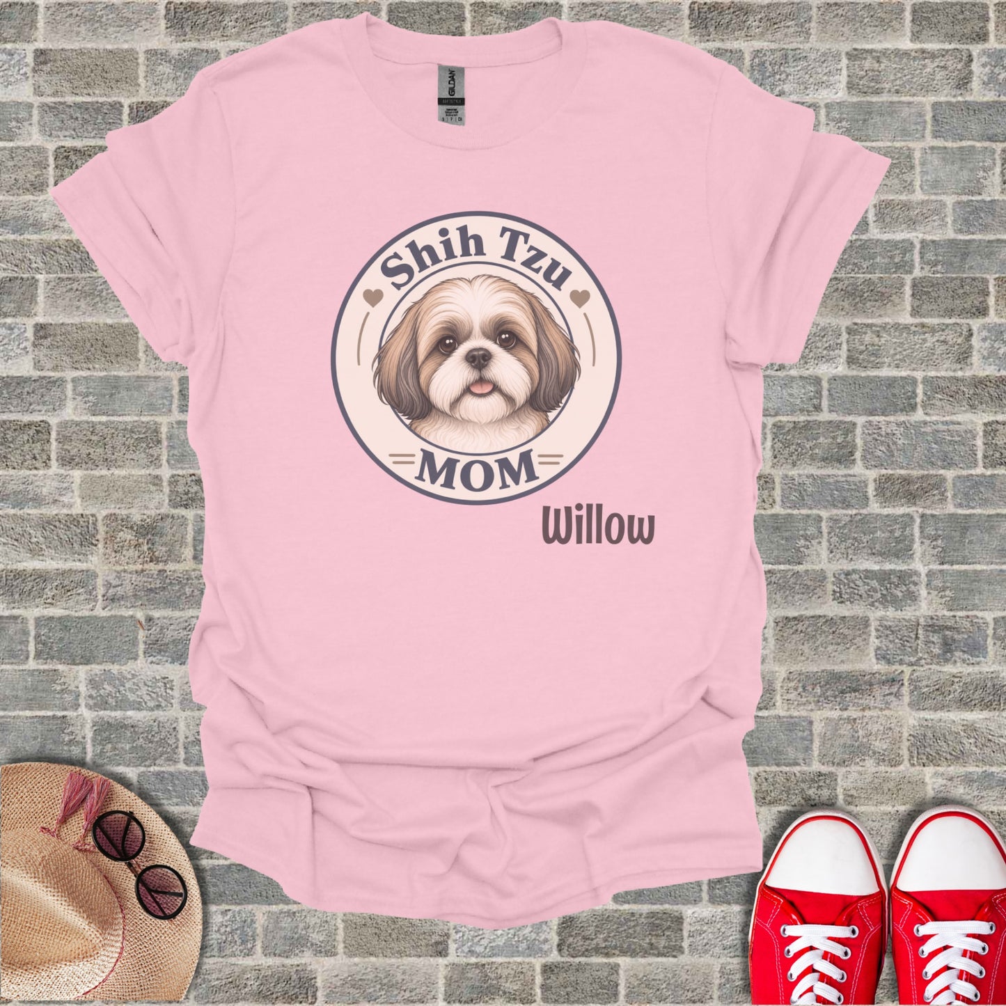Pink t-shirt with Shih Tzu mom graphic and "Willow" text.