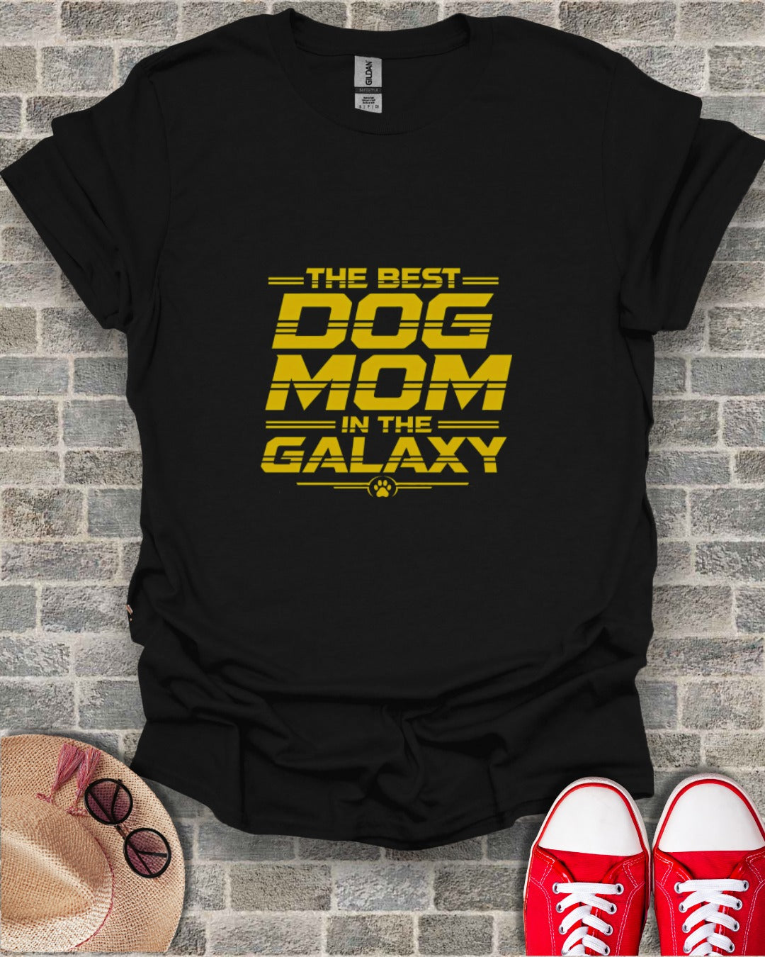 Black t-shirt with yellow text reading "The Best Dog Mom In The Galaxy."