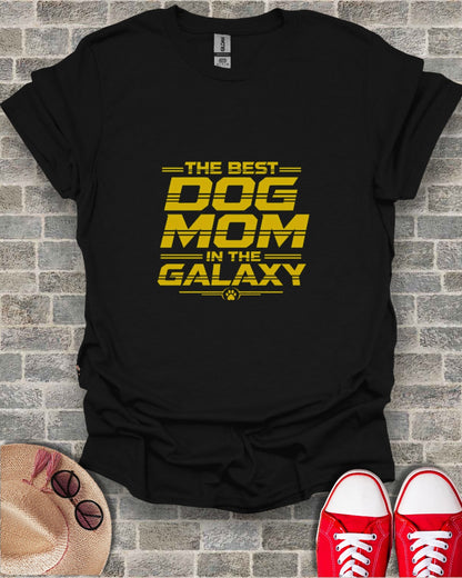 Black t-shirt with yellow text reading "The Best Dog Mom In The Galaxy."