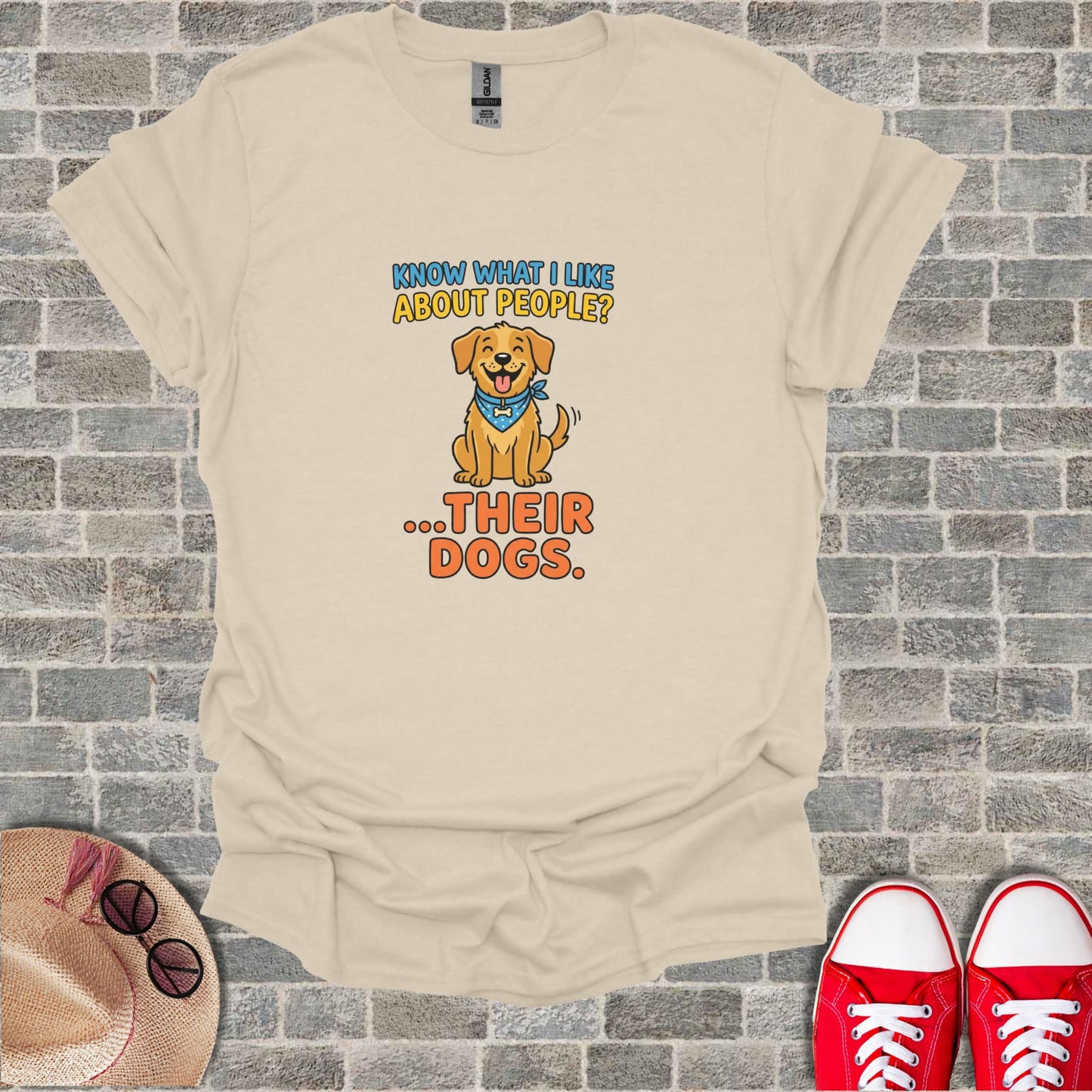 Cream t-shirt with cartoon dog graphic and text "Know What I Like About People? ...Their Dogs."