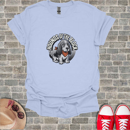 T-shirt with a cartoon dog wearing a bandana and the text "Hounds of the Block".