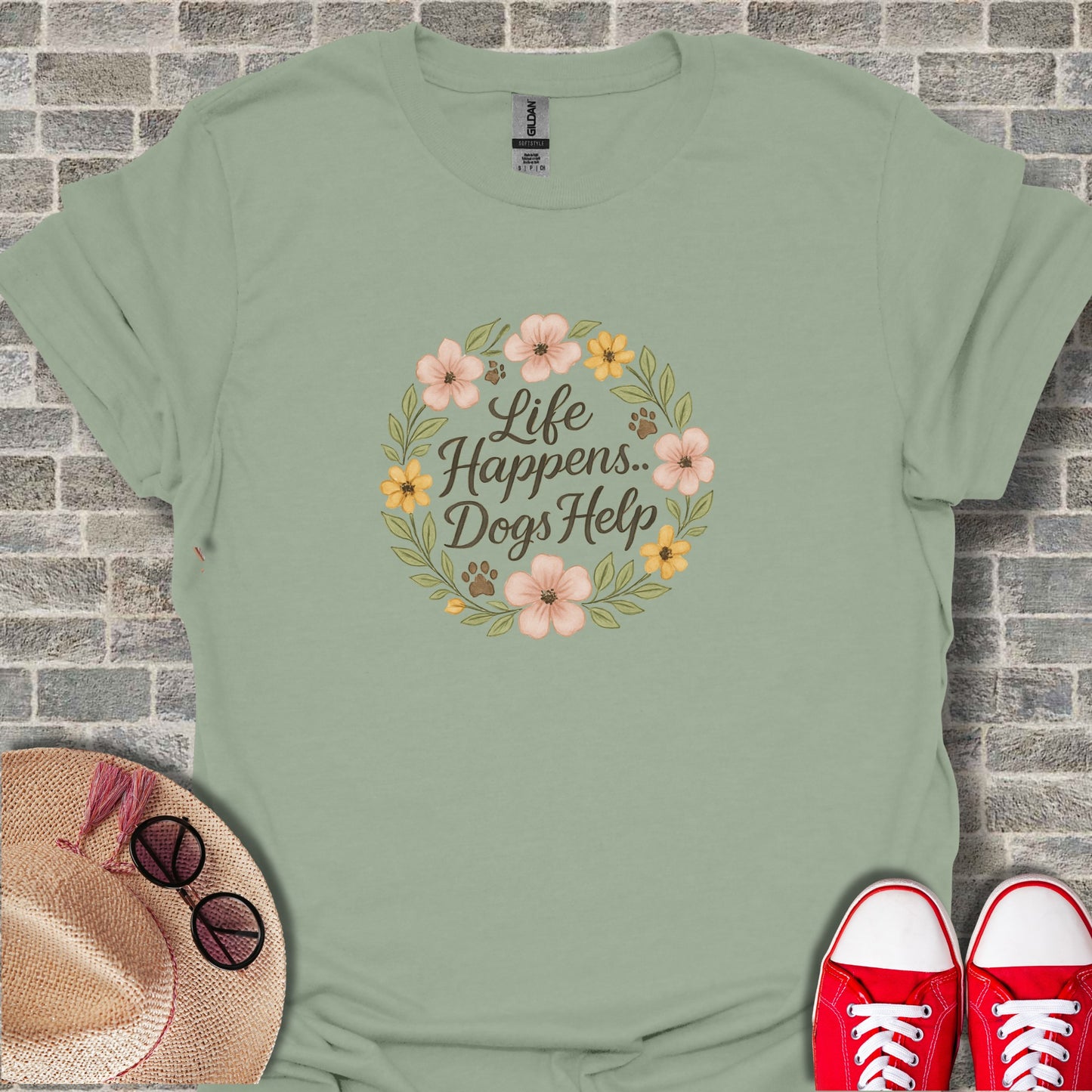 Life Happens Dogs Help Floral Wreath T-Shirt