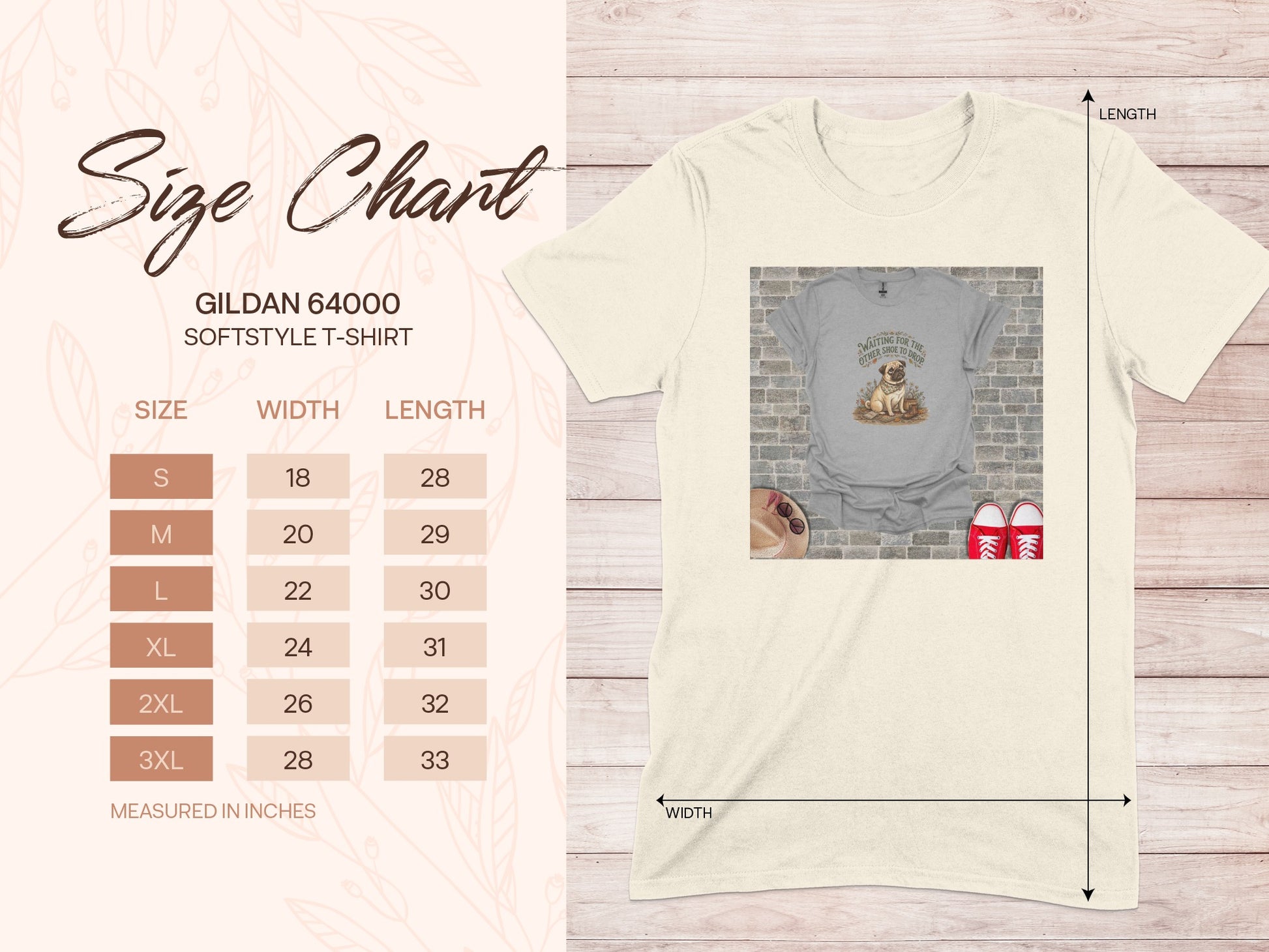 Gildan 64000 softstyle t-shirt size chart with pug graphic.