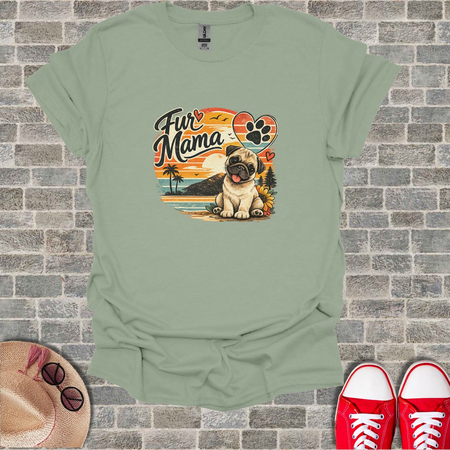 Fur Mama Pug Dog Paw Print Heart Sunset Scene T-Shirt product type