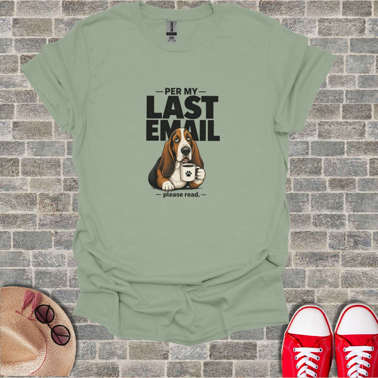Basset hound in a t-shirt with "PER MY LAST EMAIL" and "please read." text.