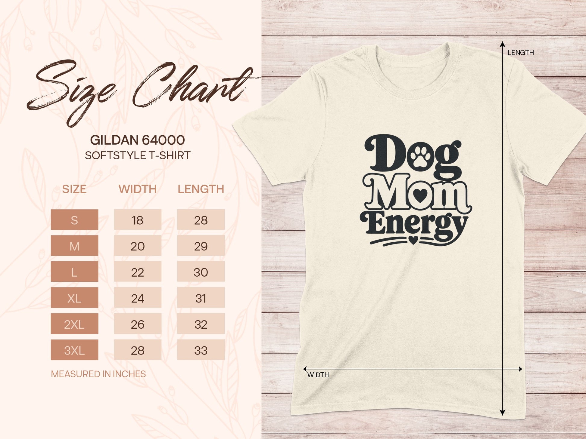 Gildan 64000 Softstyle T-Shirt size chart with measurements in inches and "Dog Mom Energy" graphic.
