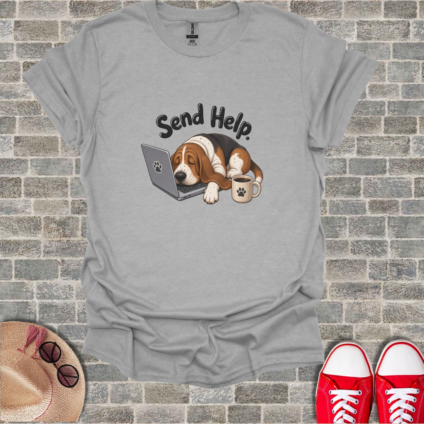 T-shirt with a sleeping Basset Hound on a laptop and coffee cup.