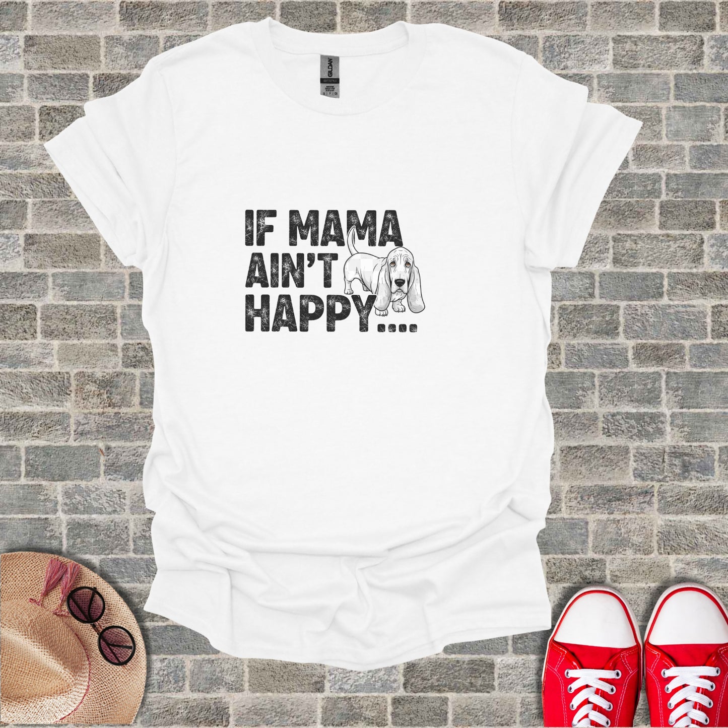 White t-shirt with distressed "IF MAMA AIN'T HAPPY...." text and basset hound graphic.