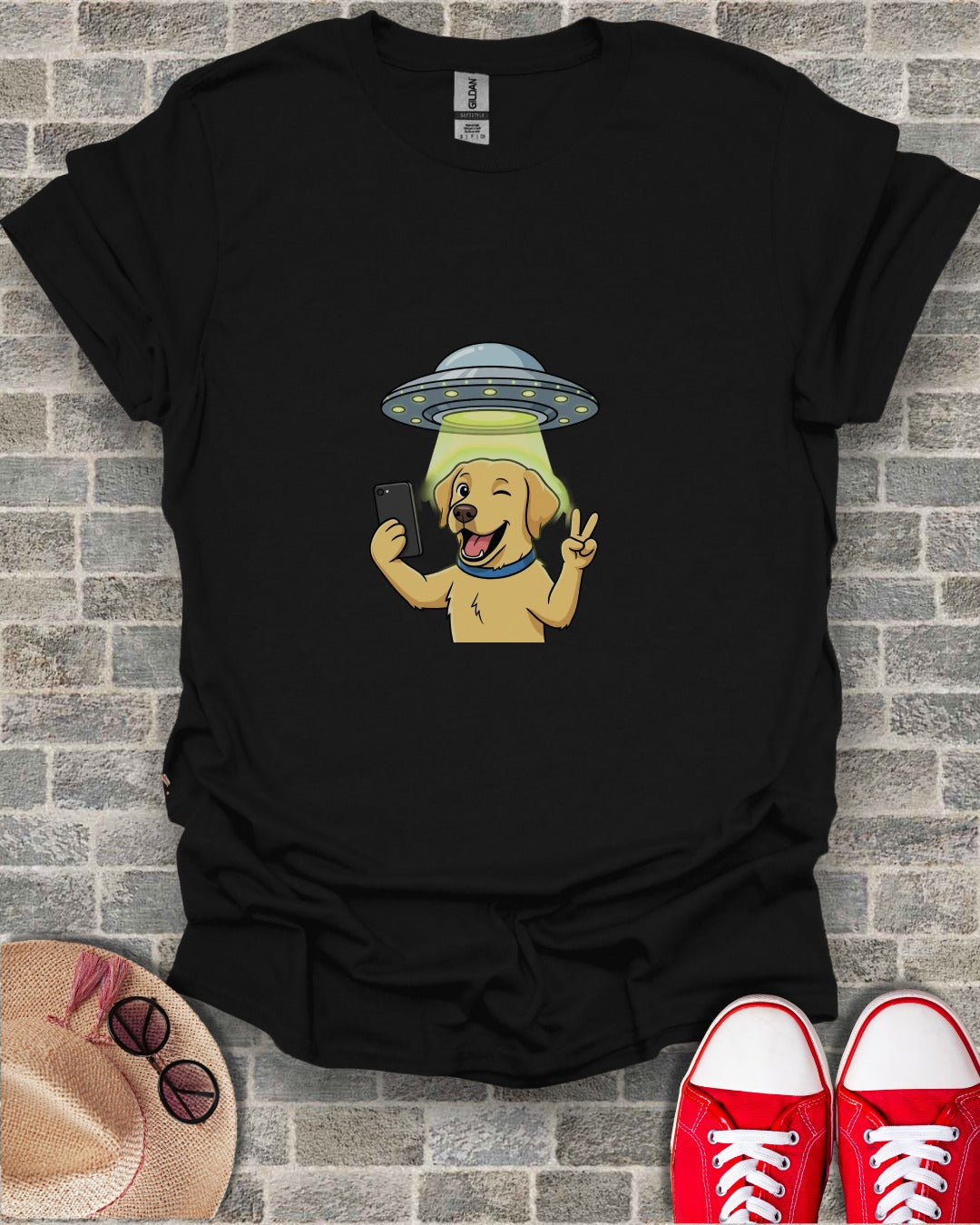 Funny Dog Selfie with UFO Alien Abduction T-Shirt