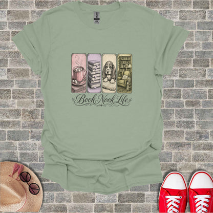 T-shirt with "Book Nook Life" graphic featuring stacked books, hot cocoa, and a dog.