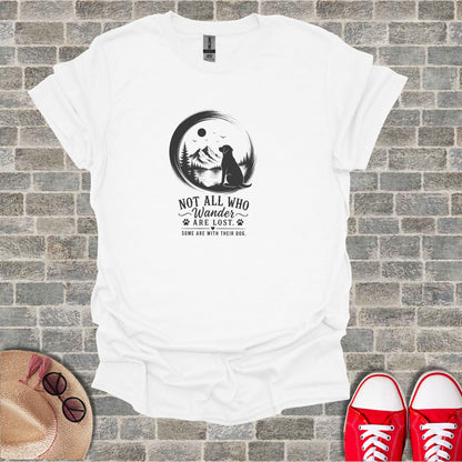 White t-shirt with a circular graphic of a dog, mountains, and text.