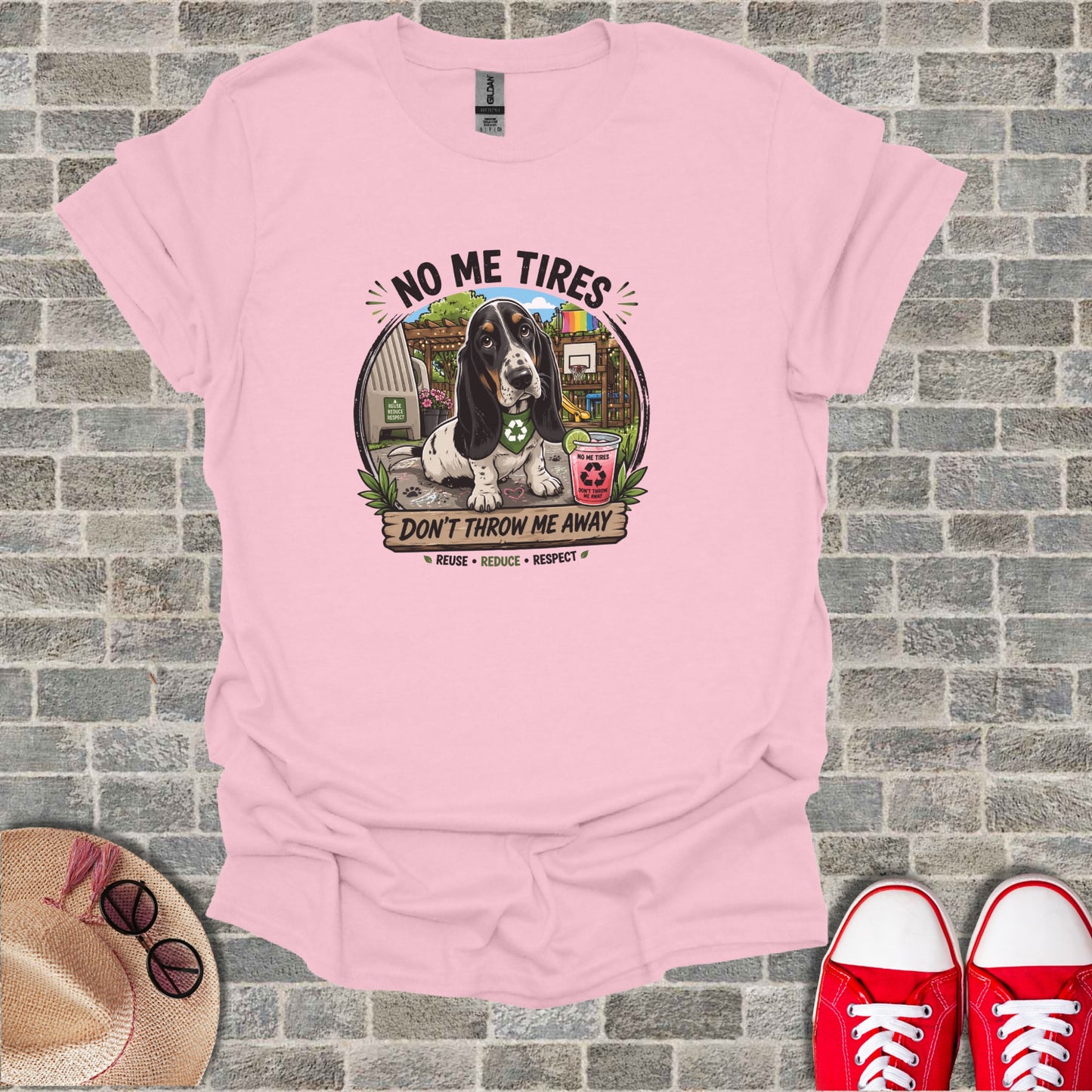 Pink t-shirt with a Basset Hound and "No Me Tires Don't Throw Me Away" text.