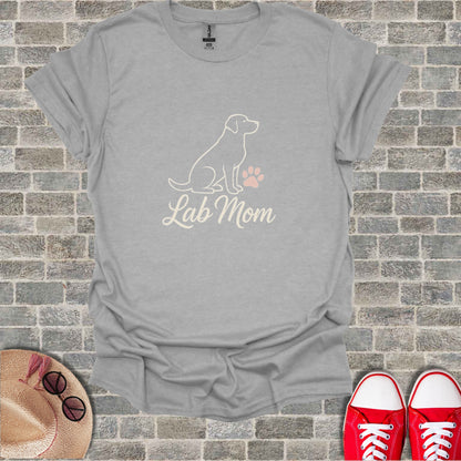 Grey t-shirt with "Lab Mom" text and a dog outline.