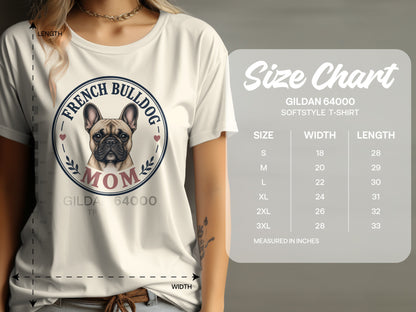 Cream Gildan 64000 t-shirt with French Bulldog Mom graphic and size chart.