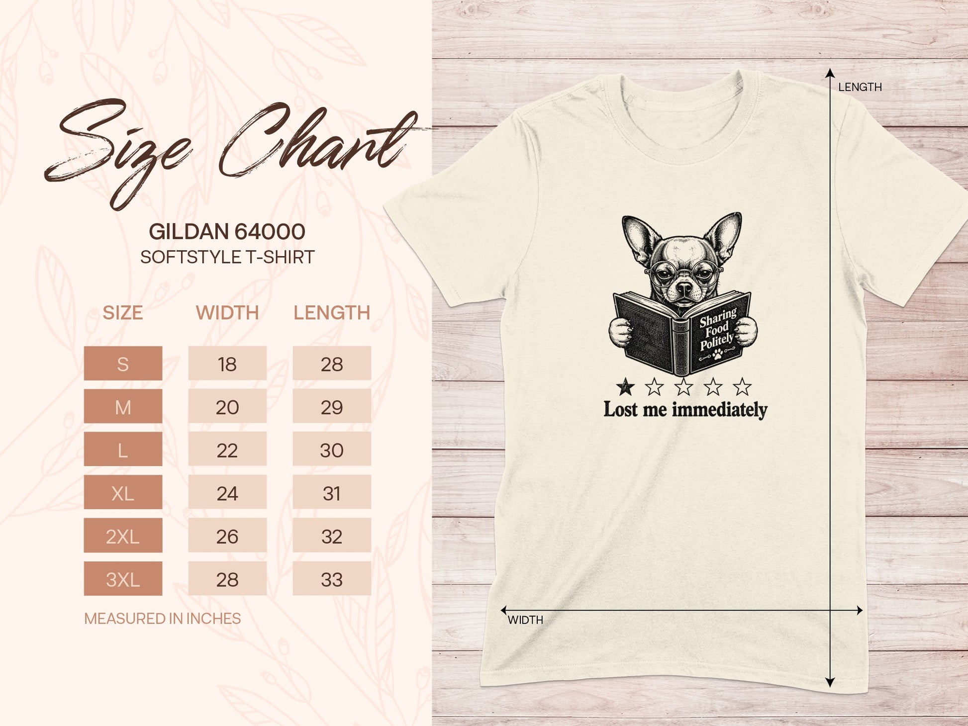 Gildan 64000 size chart with chihuahua reading "Lost me immediately".