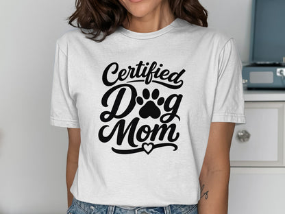 White t-shirt with "Certified Dog Mom" and paw print text.