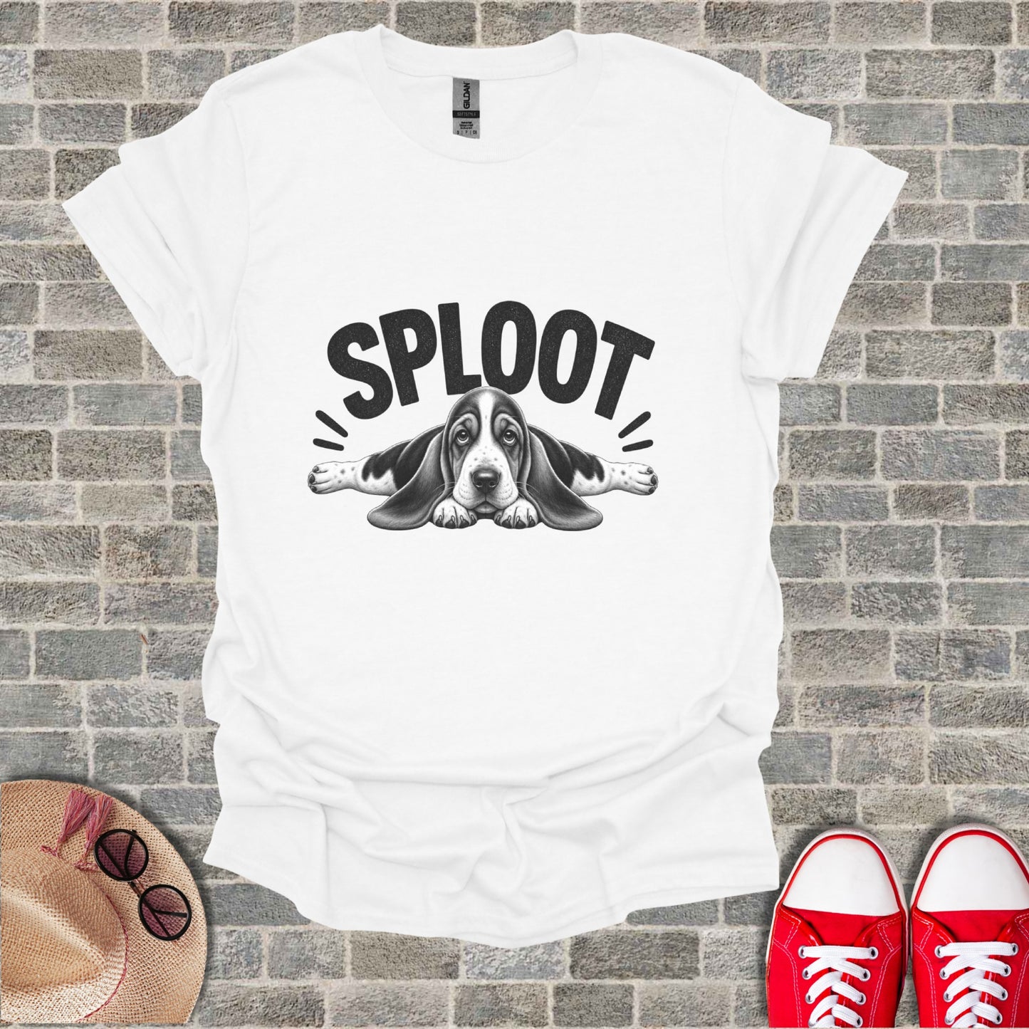 White t-shirt with black text and a basset hound graphic.