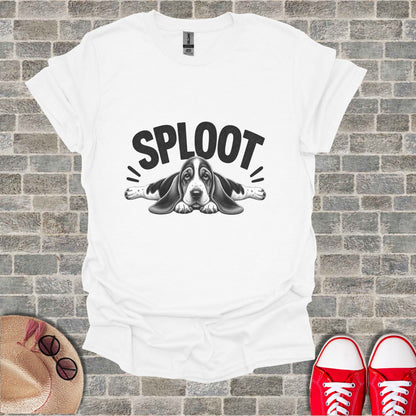 White t-shirt with black text and a basset hound graphic.