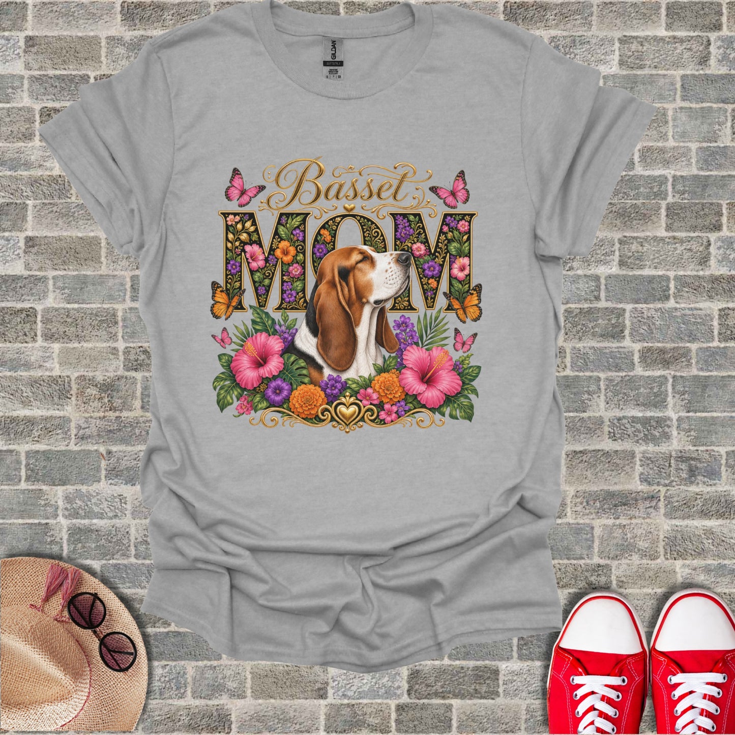 Basset Mom text with floral design, butterflies, and a Basset Hound.