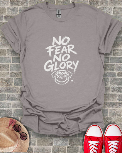 Gray t-shirt with "NO FEAR NO GLORY" in white text and a cartoon dog face.