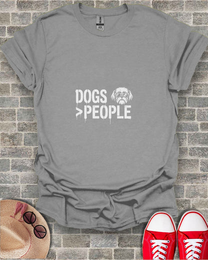 Grey t-shirt with "DOGS > PEOPLE" text and sunglasses-wearing dog graphic.