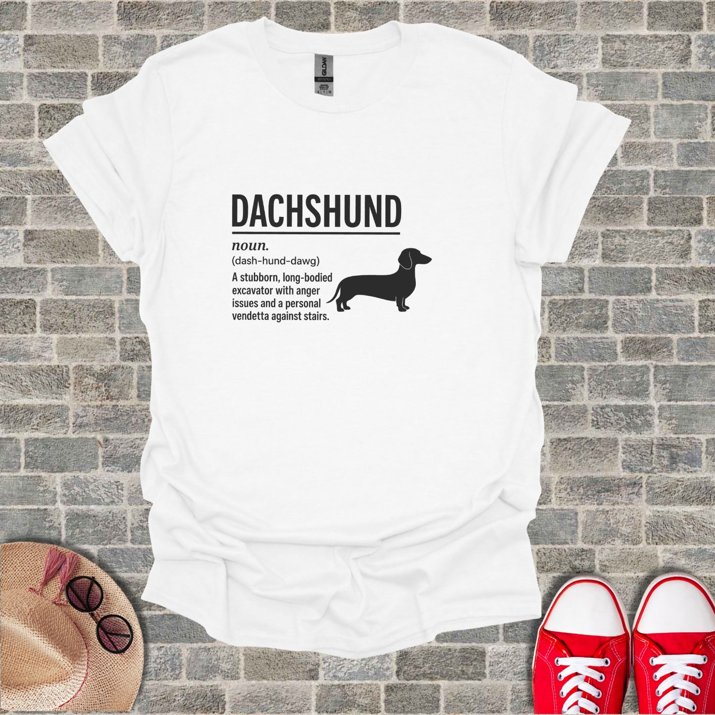 White t-shirt with "Dachshund" definition and silhouette.