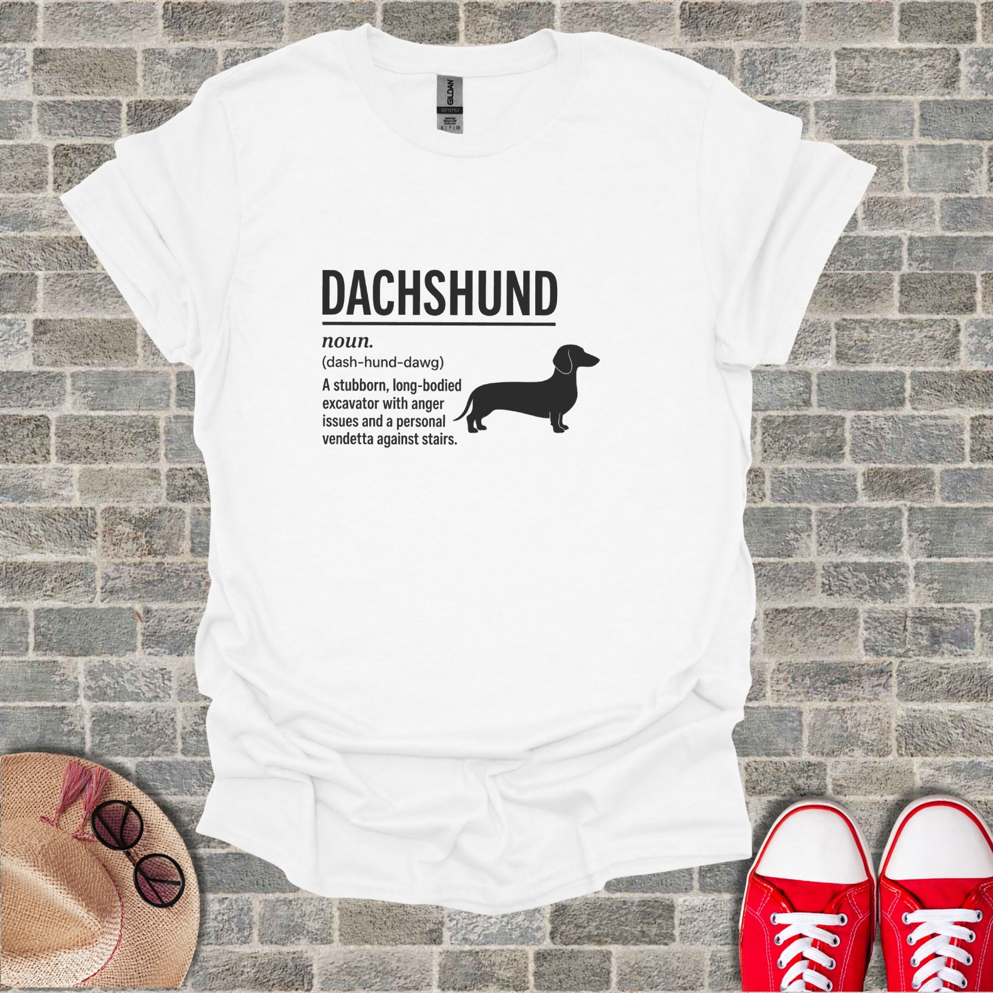 White t-shirt with "Dachshund" definition and silhouette.
