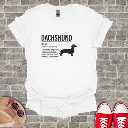 White t-shirt with "Dachshund" definition and silhouette.