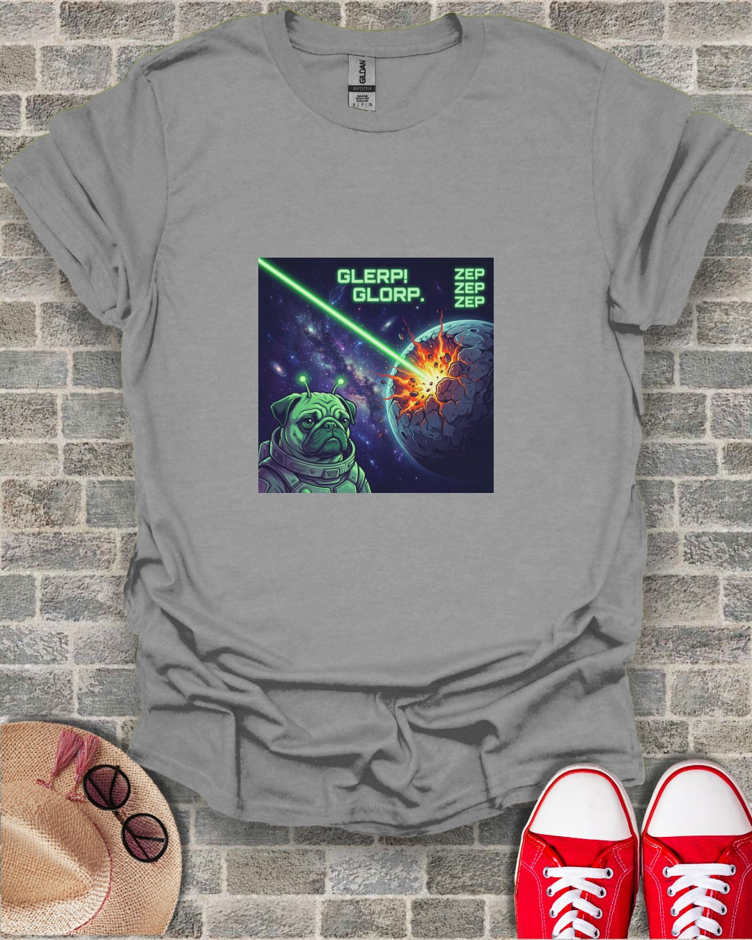 Pug in space suit firing laser at planet, text "GLERP GLORP ZEP ZEP ZEP".