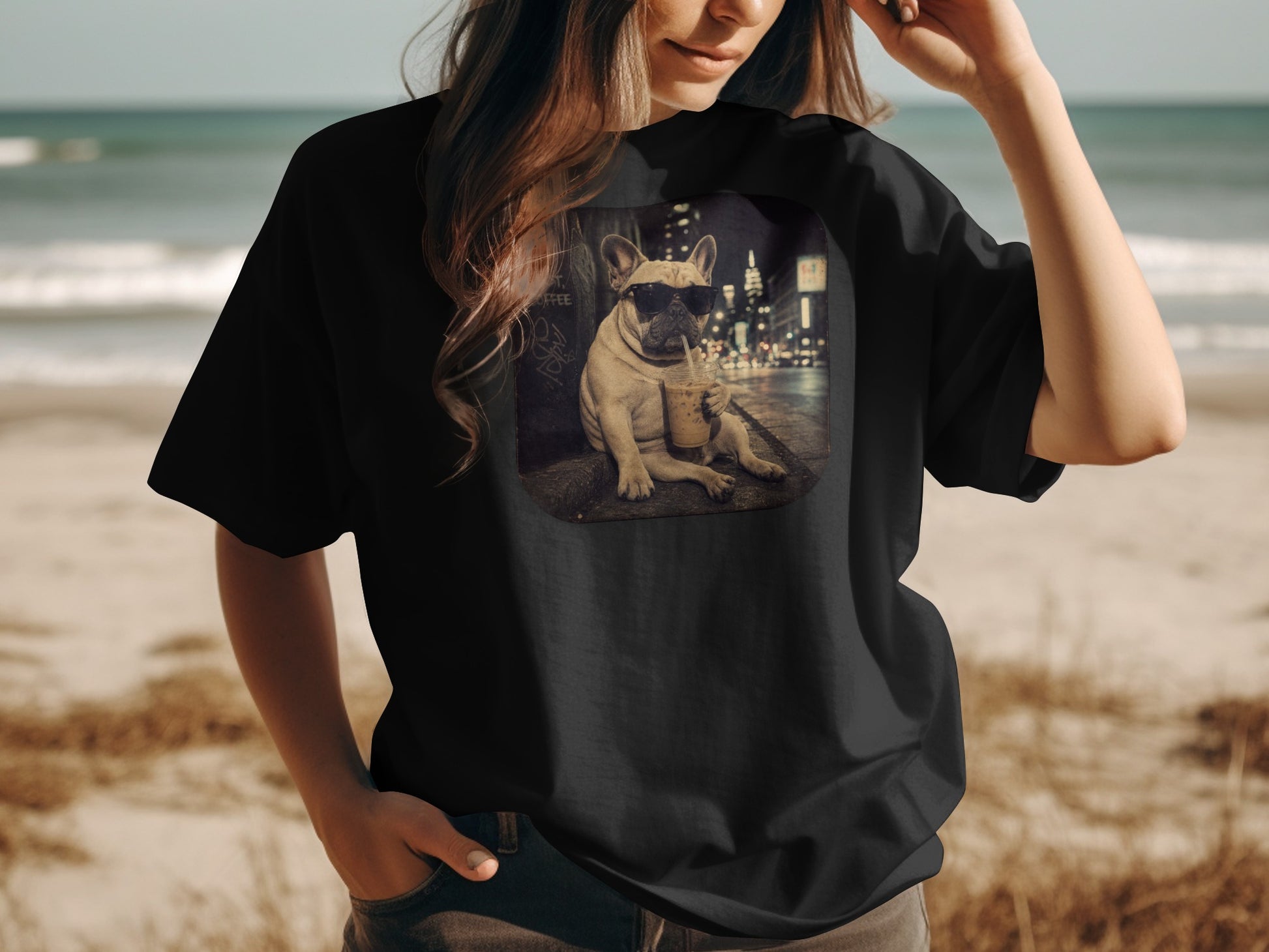 Black t-shirt featuring a French bulldog with sunglasses holding a coffee cup.