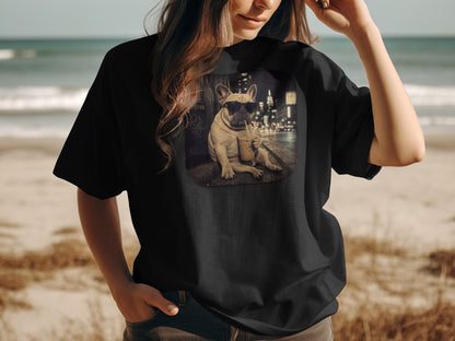 Black t-shirt featuring a French bulldog with sunglasses holding a coffee cup.