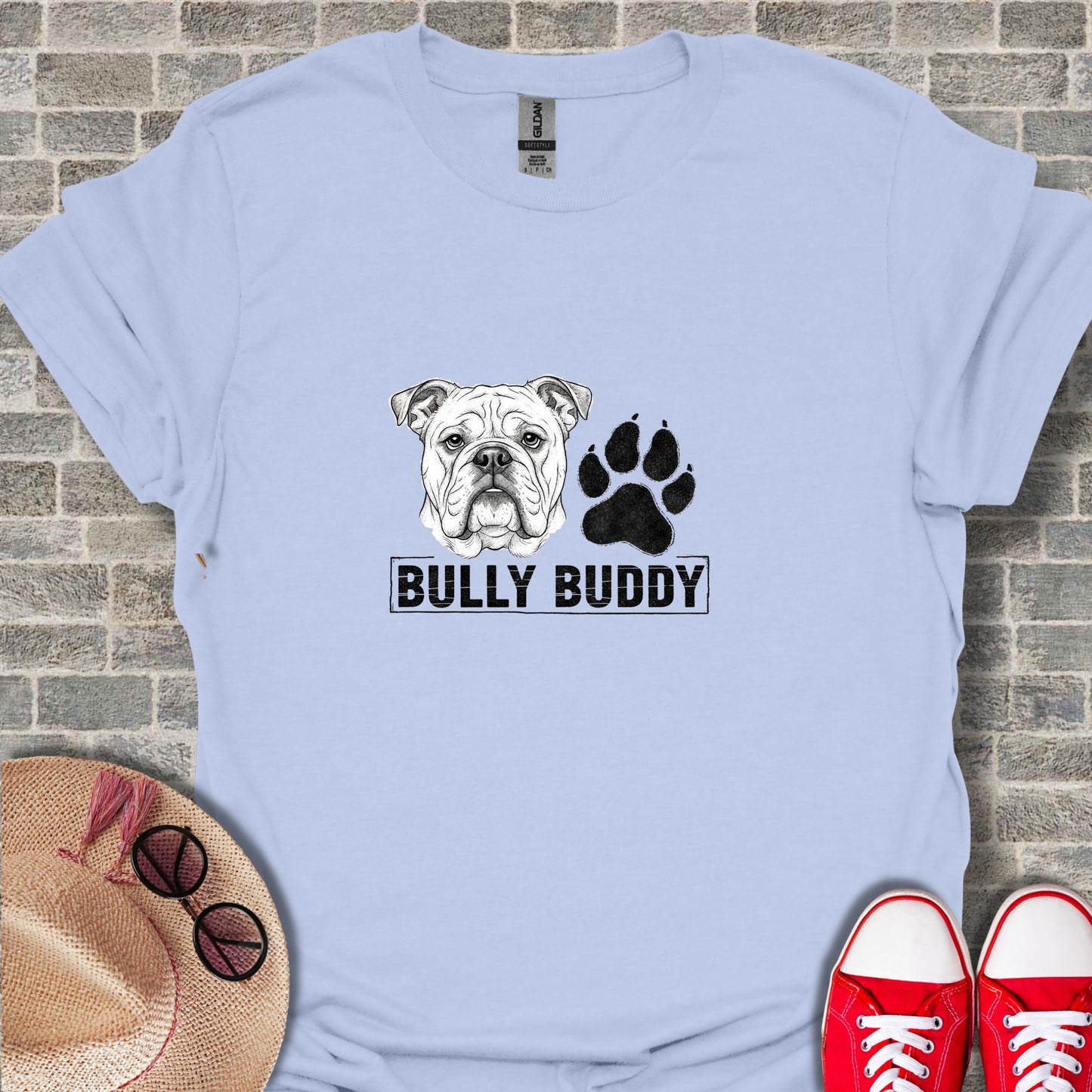 Bully Buddy T-shirt with Bulldog and Paw Print Design