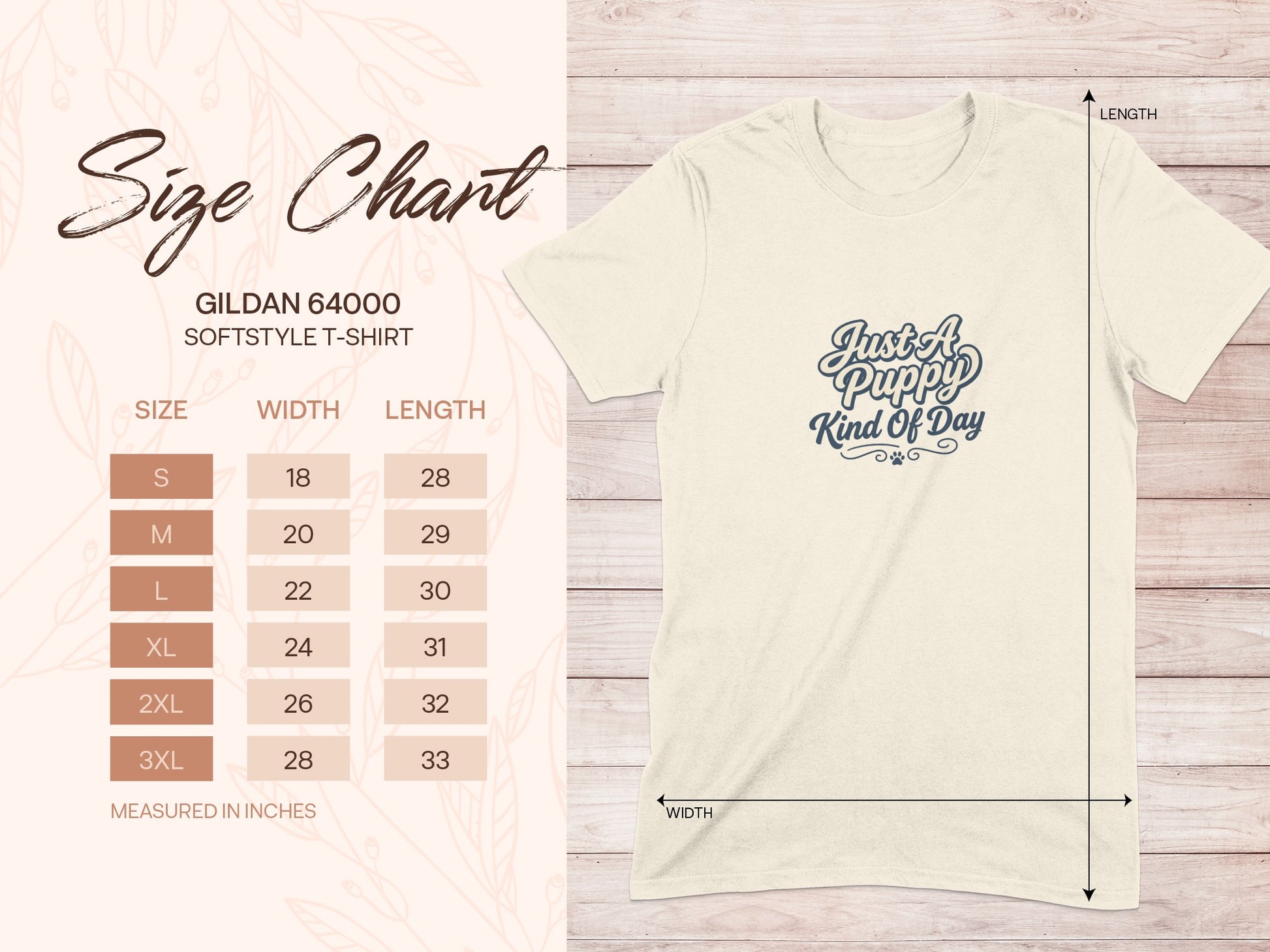Gildan 64000 size chart for softstyle t-shirt with puppy graphic.