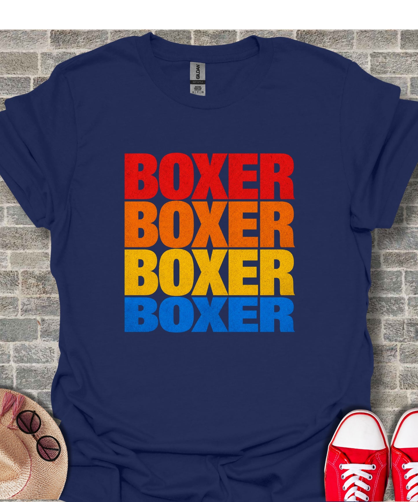 Navy t-shirt with "BOXER" repeated in red, orange, yellow, and blue.