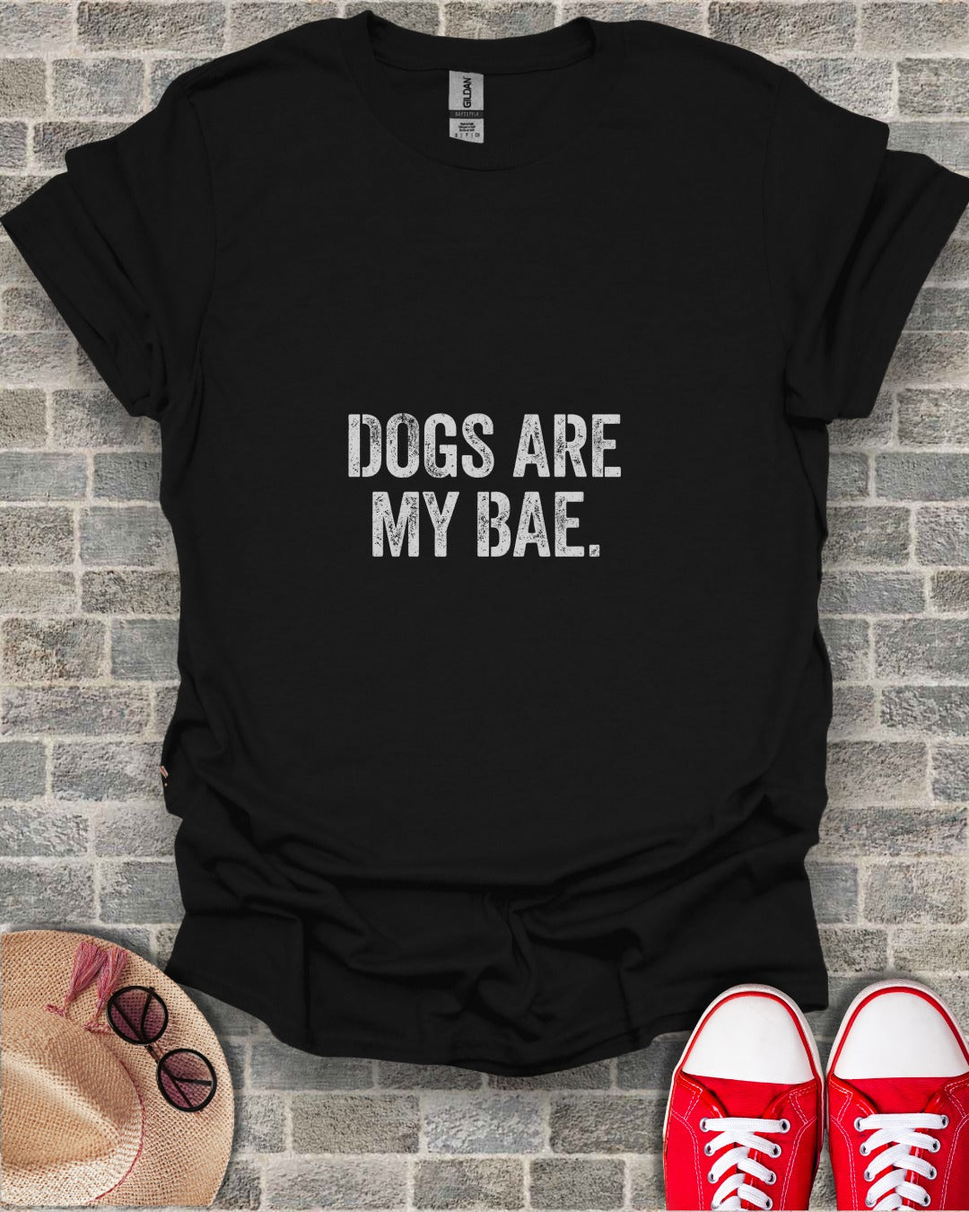 Black t-shirt with white text "DOGS ARE MY BAE."