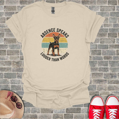 Cream t-shirt with vintage dog illustration and "Absence Speaks Louder Than Words" text.