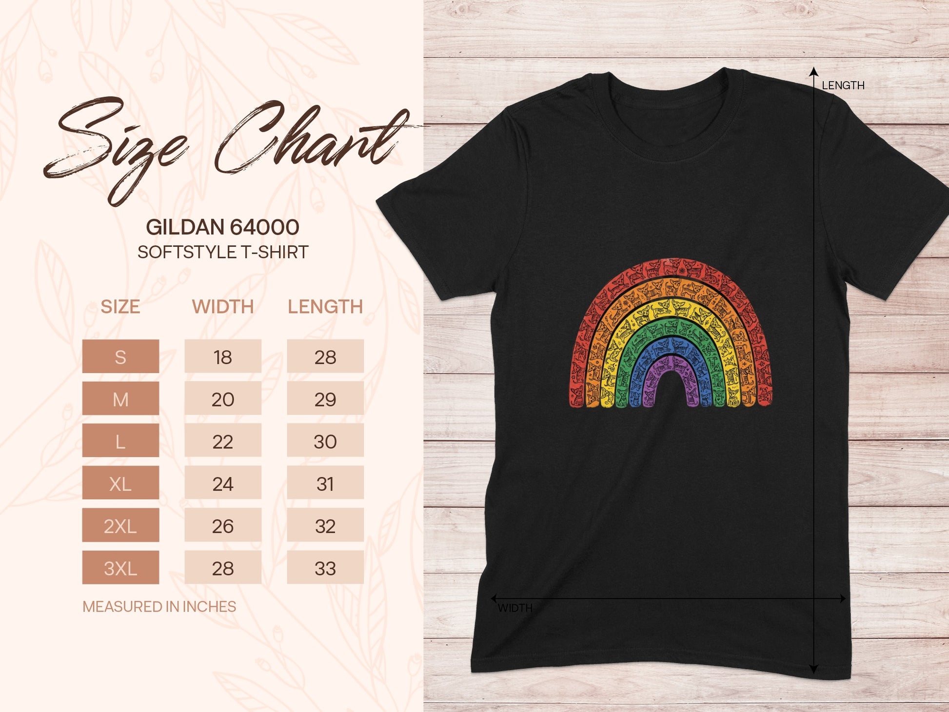 Gildan 64000 softstyle t-shirt size chart with rainbow graphic.