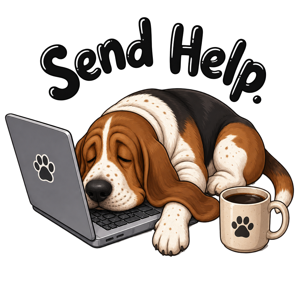 Basset hound sleeping on a laptop next to a coffee mug.