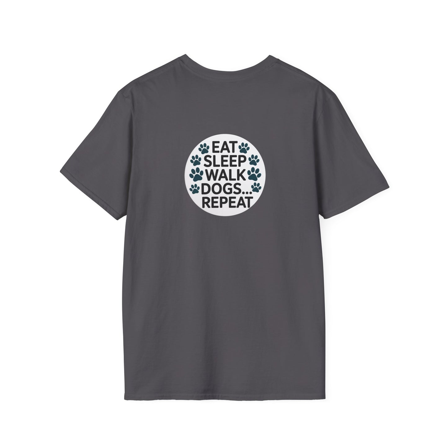 Circular Dog Lover Graphic T-Shirt, Eat Sleep Walk Dogs Repeat Tee, Funny Puppy Paw Print Shirt, Bold Modern Typography Top, Playful Pet
