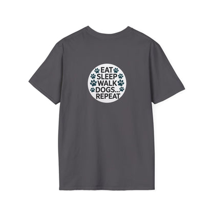 Circular Dog Lover Graphic T-Shirt, Eat Sleep Walk Dogs Repeat Tee, Funny Puppy Paw Print Shirt, Bold Modern Typography Top, Playful Pet