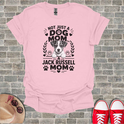 Pink t-shirt with "Not Just a Dog Mom... A Jack Russell Mom" graphic and puppy.