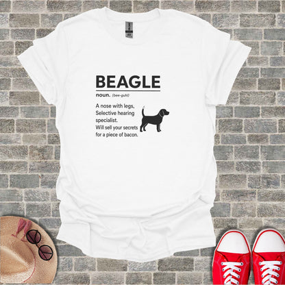 White t-shirt with "BEAGLE" text and a beagle illustration.