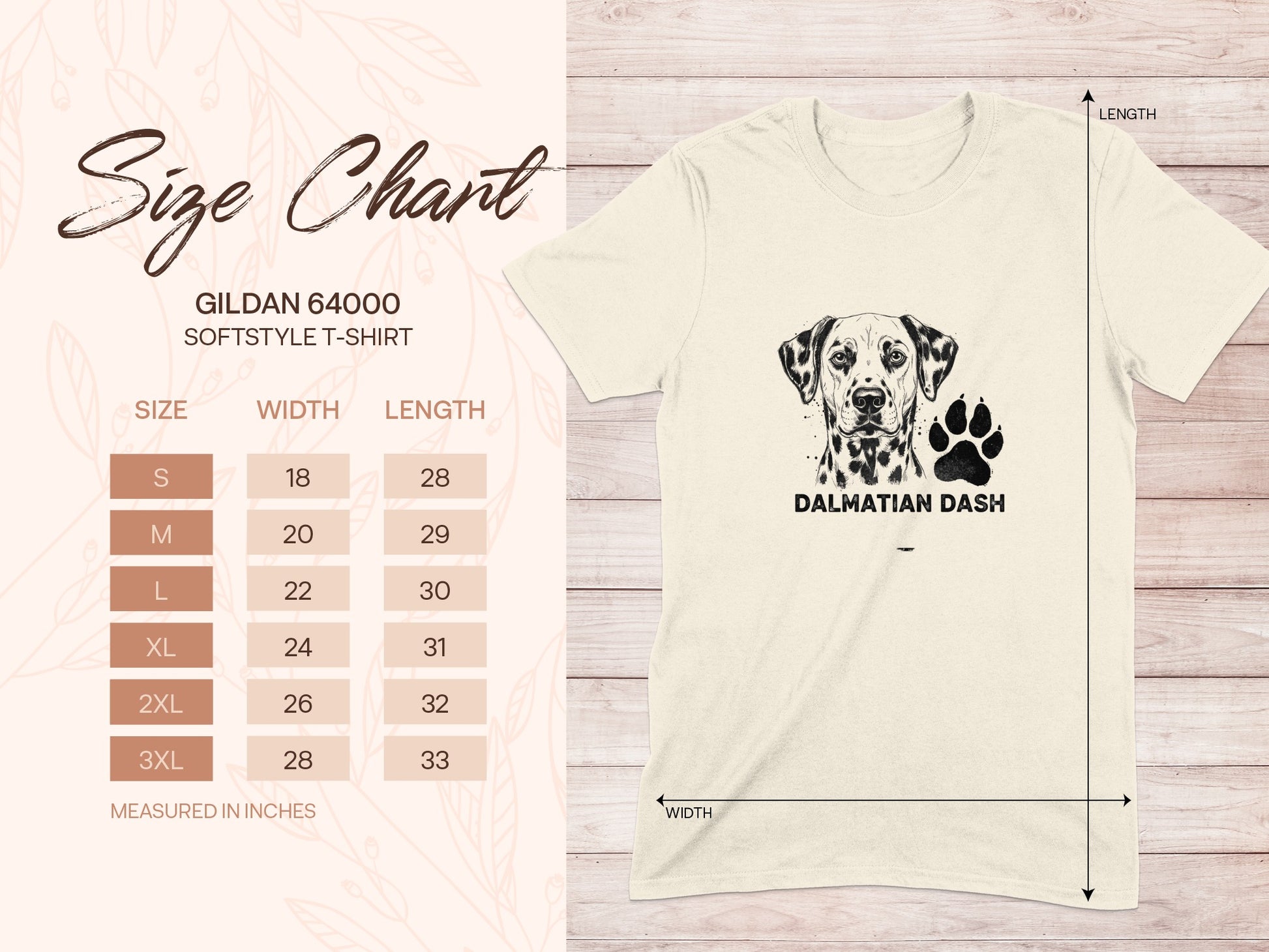 Gildan 64000 Softstyle t-shirt size chart with Dalmatian Dash graphic.