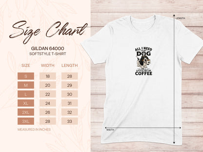 Gildan 64000 size chart for a t-shirt with a dog and coffee graphic.