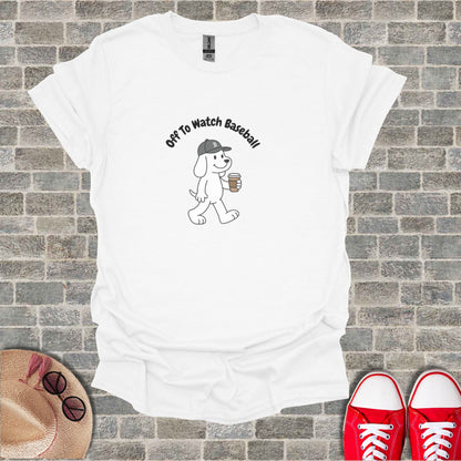 White t-shirt with a cartoon dog wearing a baseball cap and holding a coffee cup.