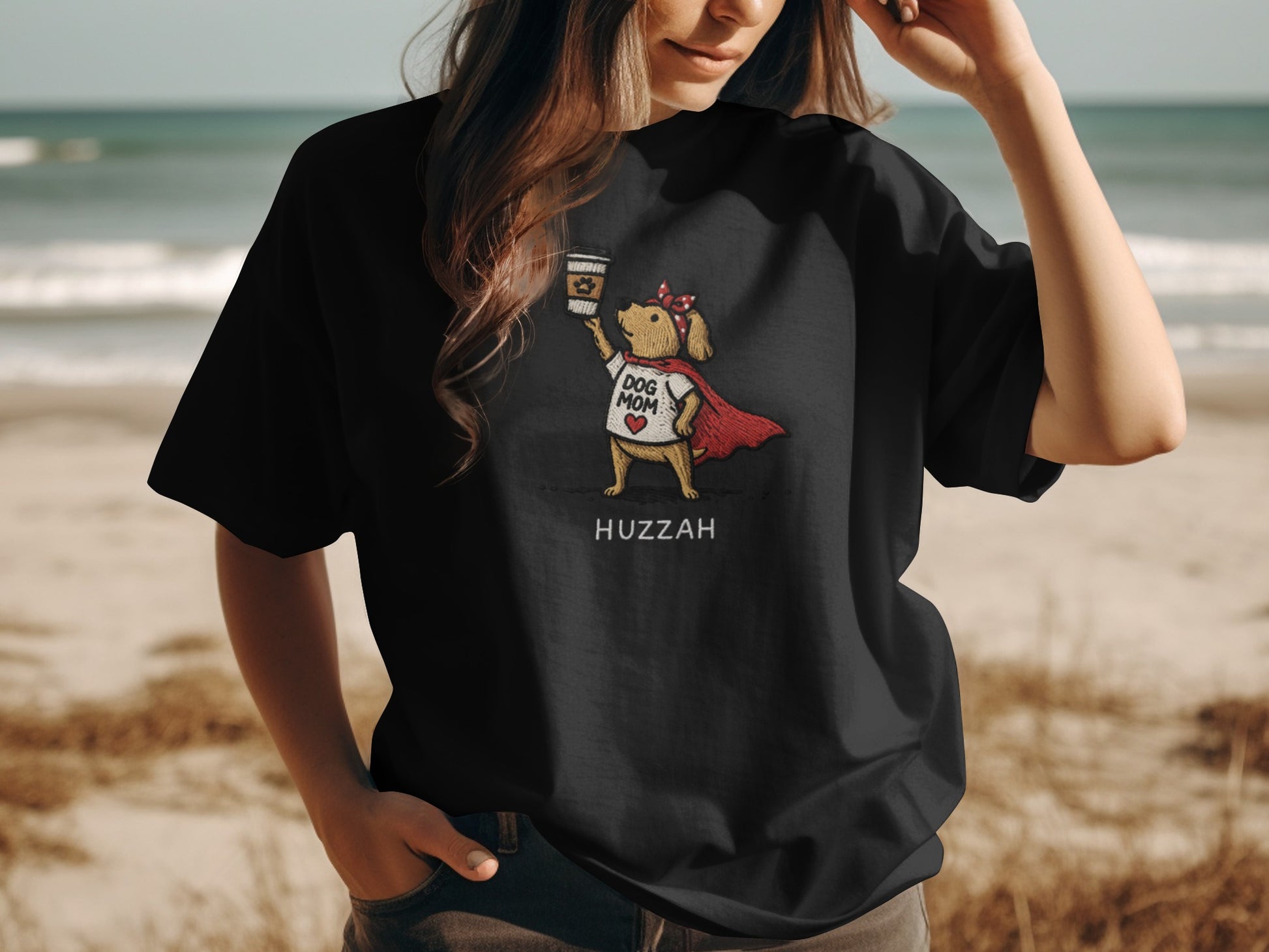 Black t-shirt with a "Dog Mom" superhero graphic holding a coffee cup.