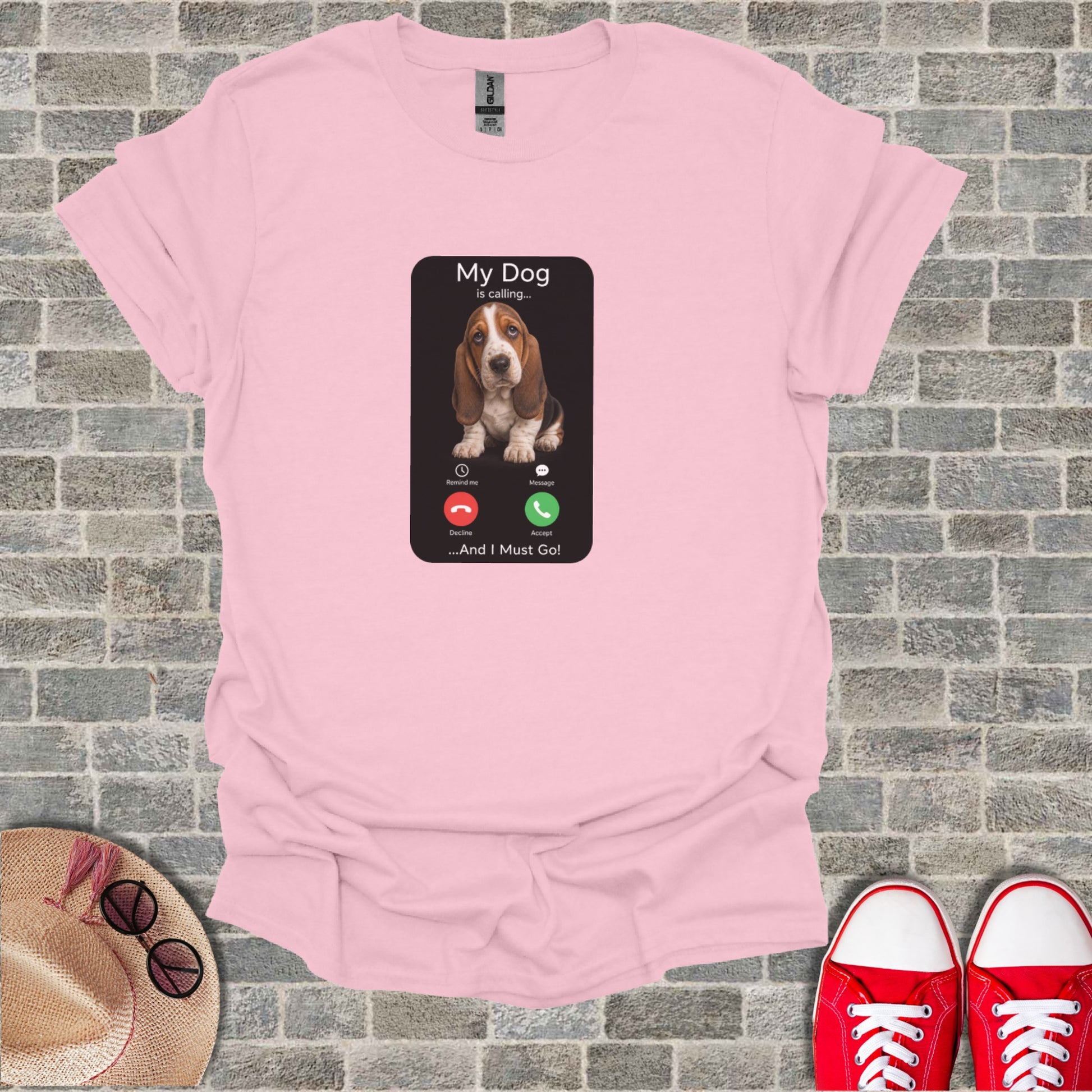 Pink t-shirt with "My Dog is calling..." and a phone call interface.