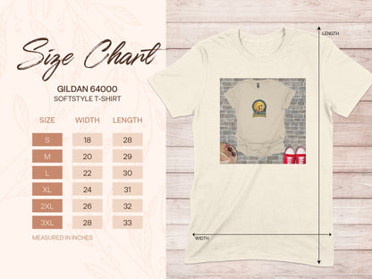 Gildan 64000 Softstyle T-Shirt size chart with measurements in inches.