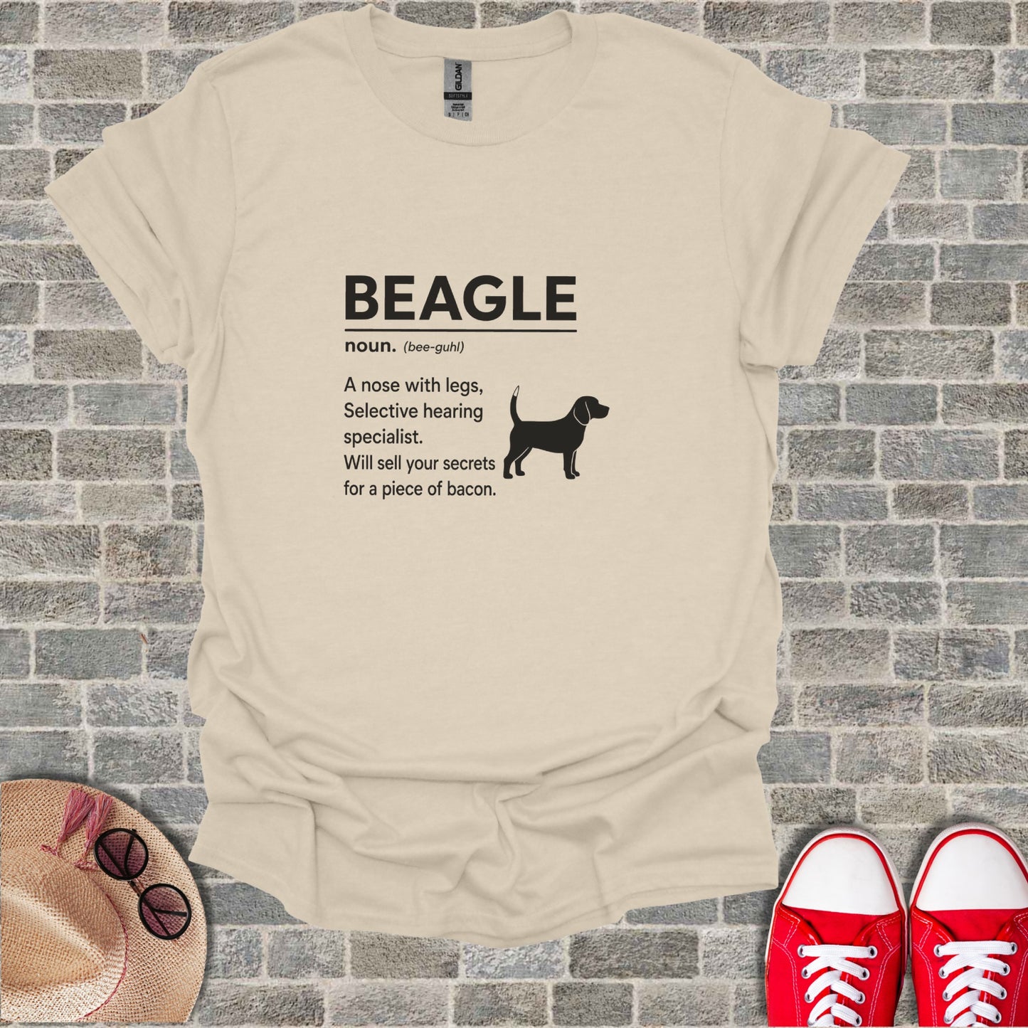 Beagle t-shirt with humorous definition: "A nose with legs, Selective hearing specialist. Will sell your secrets for a piece of bacon."